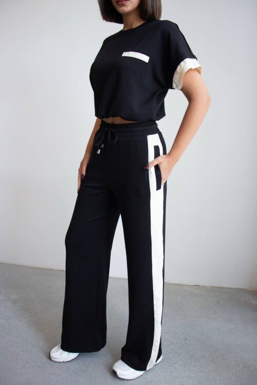 Siyah Renk Bloklu Beli Lastikli Yumuşak Dokulu Kumaş Alt Üst Takım