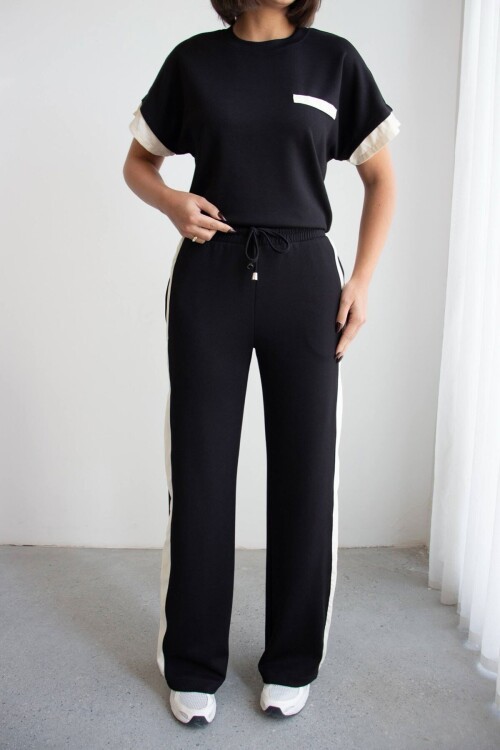 Siyah Renk Bloklu Beli Lastikli Yumuşak Dokulu Kumaş Alt Üst Takım