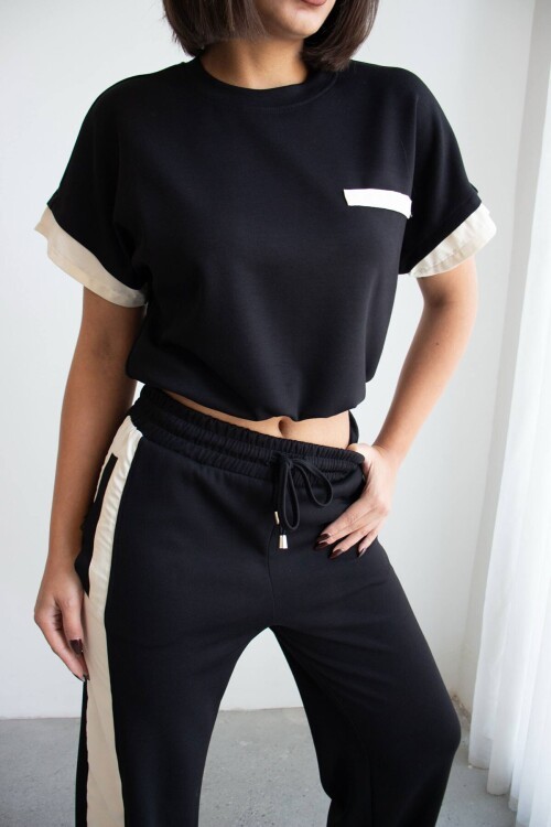 Siyah Renk Bloklu Beli Lastikli Yumuşak Dokulu Kumaş Alt Üst Takım