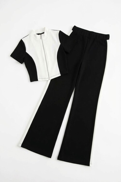 Siyah Renk Bloklu Fermuarlı Yumuşak Dokulu Kumaş Eşofman Takımı