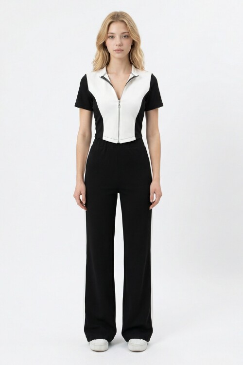 Siyah Renk Bloklu Fermuarlı Yumuşak Dokulu Kumaş Eşofman Takımı