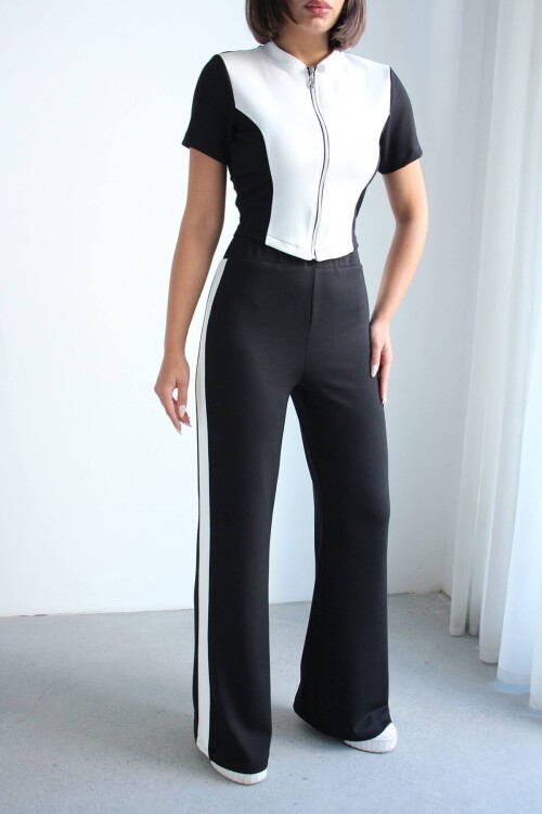 Siyah Renk Bloklu Fermuarlı Yumuşak Dokulu Kumaş Eşofman Takımı