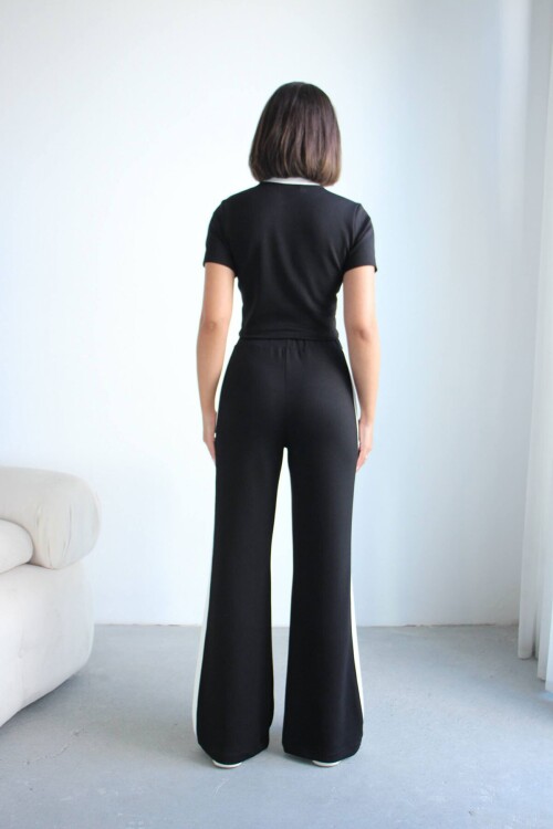 Siyah Renk Bloklu Fermuarlı Yumuşak Dokulu Kumaş Eşofman Takımı