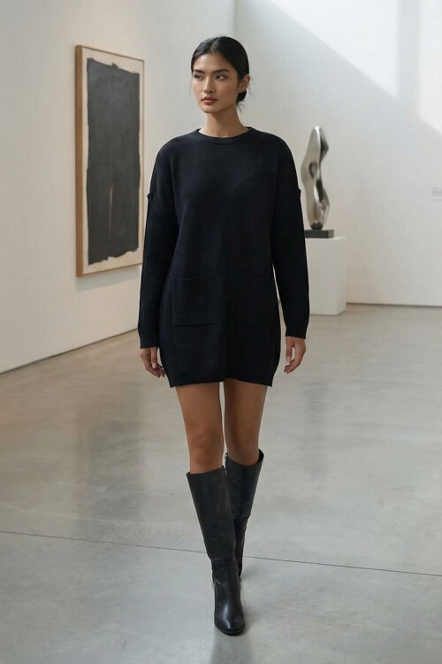 Siyah Ribanalı Bisiklet Yaka Mini Triko Elbise BCHPK-251239