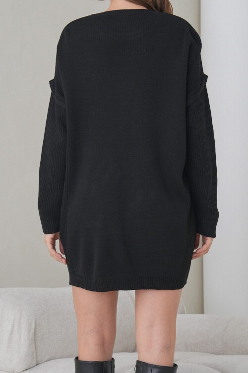 Siyah Ribanalı Bisiklet Yaka Mini Triko Elbise BCHPK-251239