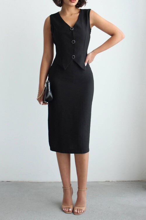 Siyah Tensel Kumaş Yelek Ve Elbise 2 Li Takım Model Elbise