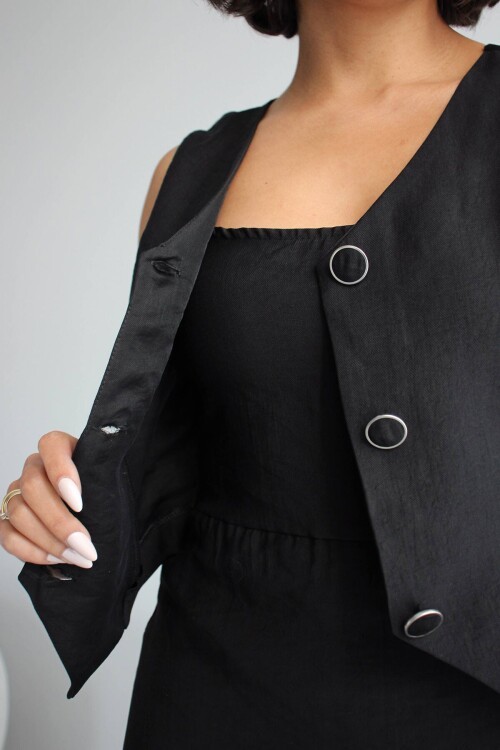 Siyah Tensel Kumaş Yelek Ve Elbise 2 Li Takım Model Elbise