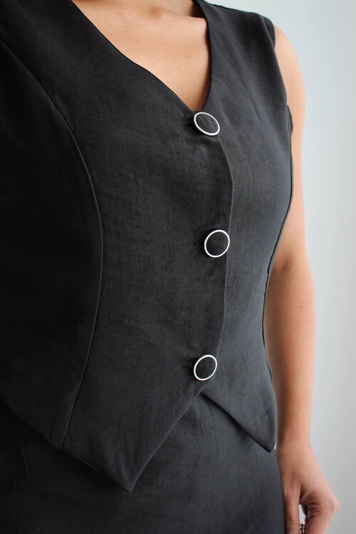 Siyah Tensel Kumaş Yelek Ve Elbise 2 Li Takım Model Elbise