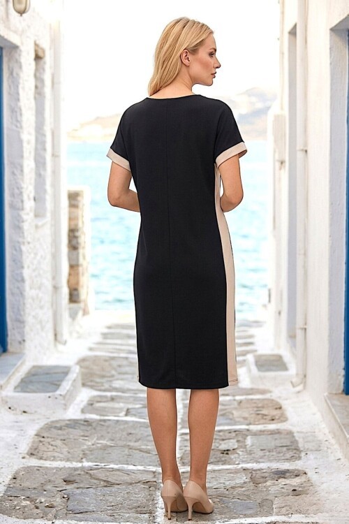 Siyah Yanları Beyaz Şeritli Modal Kumaş Elbise