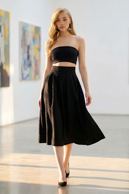 Siyah Yüksek Bel Geniş Kemerli Gizli Fermuarlı Midi Boy Dokulu Etek BCHNT-251236