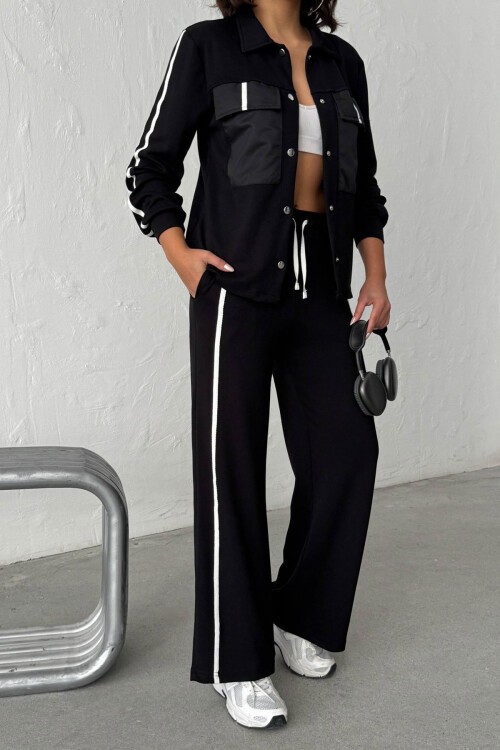 Siyah Yumuşak Dokulu Biyeli Palazzo Pantolon Ve Garnili Gömlek Alt Üst Takım BCHN-25261025