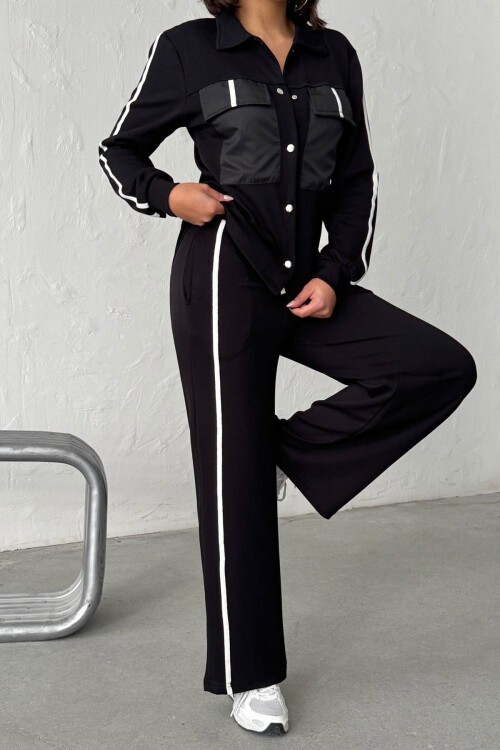 Siyah Yumuşak Dokulu Biyeli Palazzo Pantolon Ve Garnili Gömlek Alt Üst Takım BCHN-25261025