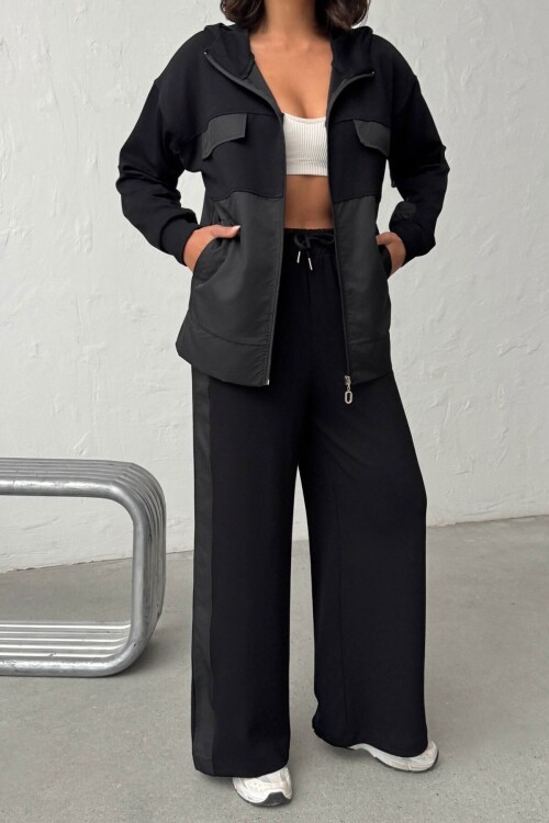 Siyah Yumuşak Dokulu Garnili Kapüşonlu Sweatshirt Ve Pantolon Alt Üst Takım BCHN-25261023