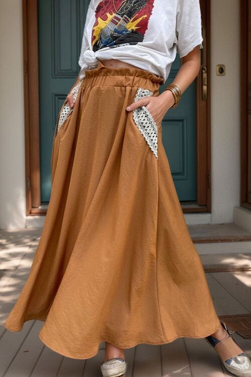 Taba Cebi Hasır Detaylı Beli Lastikli Salaş Etek