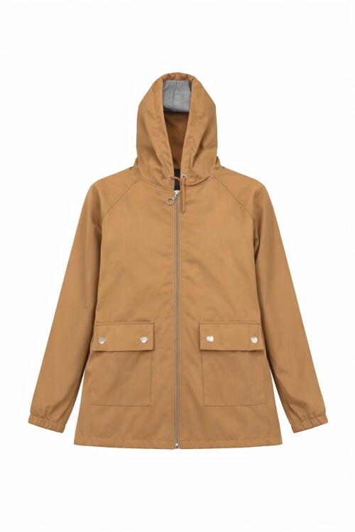 Taba Kapüşonlu Fermuarlı Çift Cepli Yağmurluk Ceket