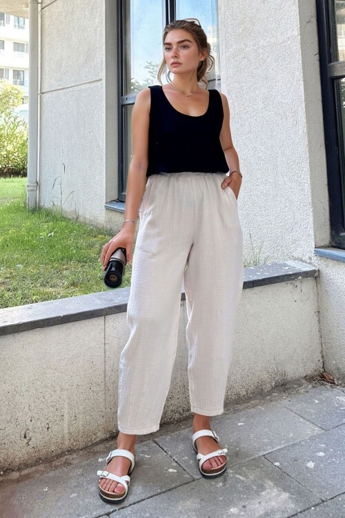 Taş Müslin Beli Lastikli Cepli Salaş Pantolon