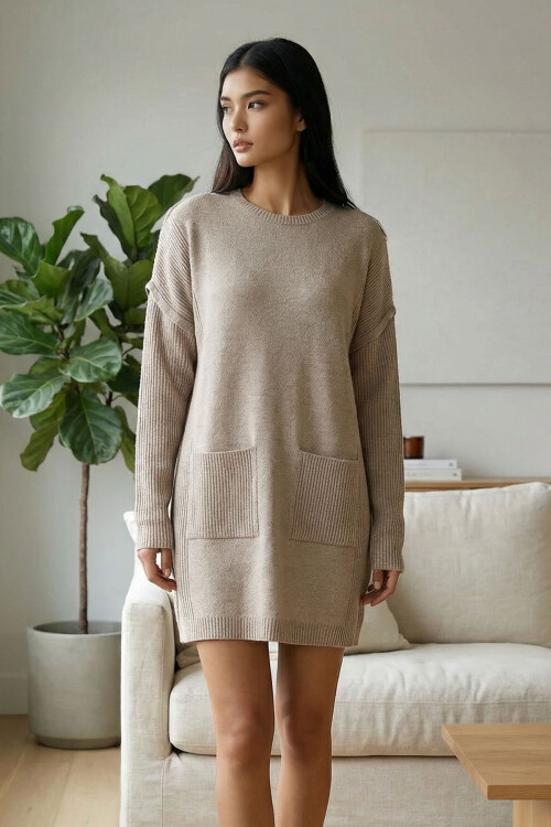 Taş Ribanalı Bisiklet Yaka Mini Triko Elbise BCHPK-251239