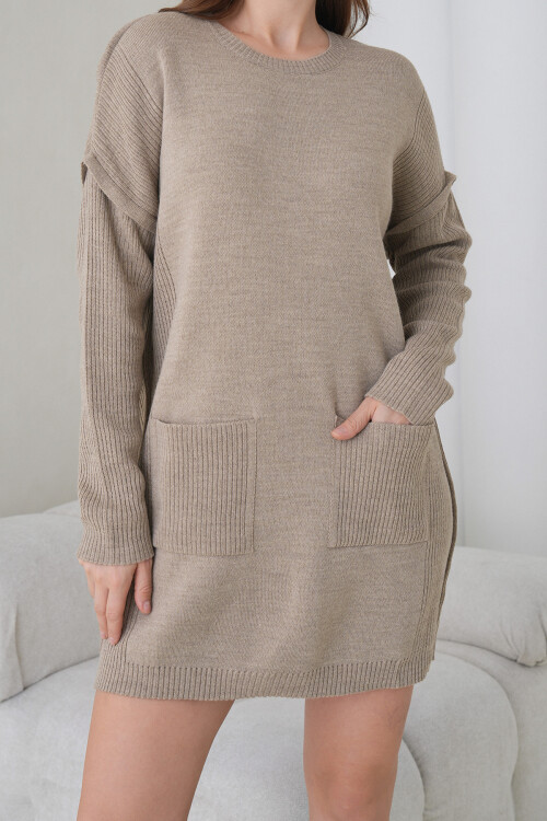 Taş Ribanalı Bisiklet Yaka Mini Triko Elbise BCHPK-251239