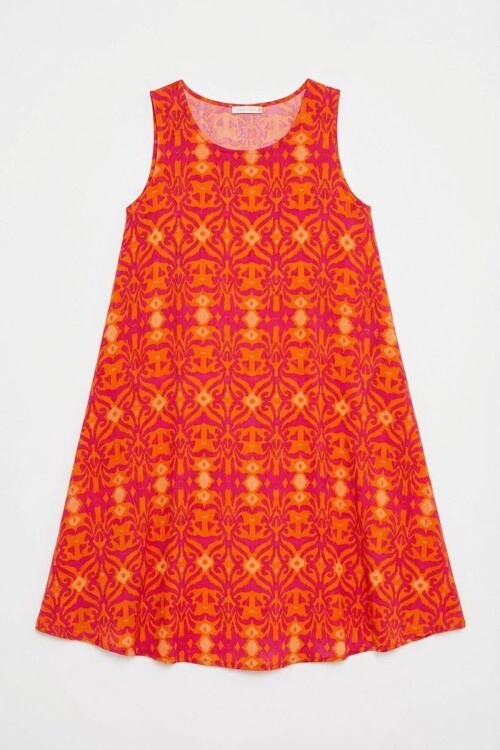 Turuncu Asimetrik Kesim U Yaka Desenli Elbise