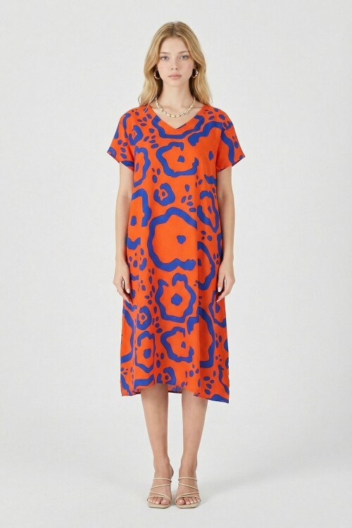 Turuncu Desenli Derin V Yaka Midi Boy Elbise