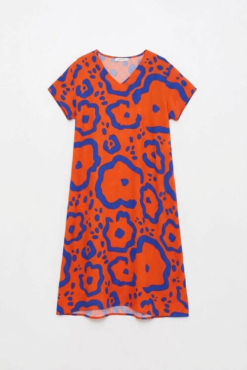 Turuncu Desenli Derin V Yaka Midi Boy Elbise