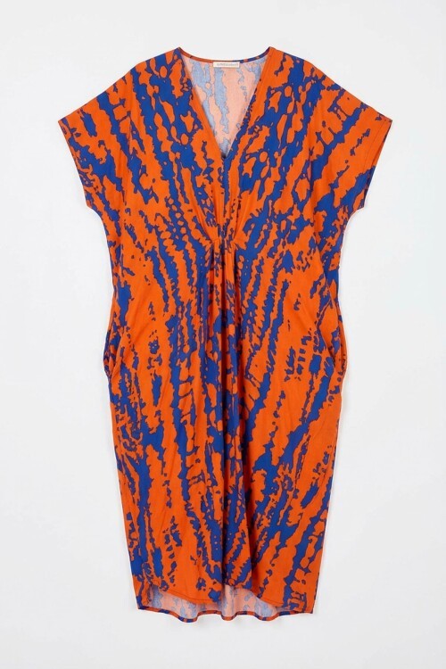 Turuncu Desenli V Yaka Salaş Kesim Kaftan Elbise