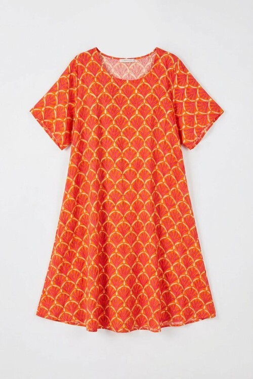 Turuncu U Yaka Kısa Kollu Midi Boy Desenli Elbise