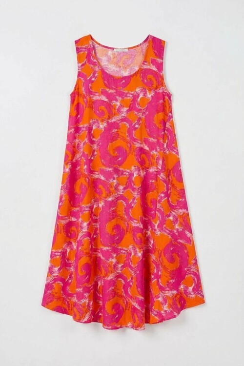 Turuncu U Yaka Kolsuz Asimetrik Kesim Midi Boy Elbise