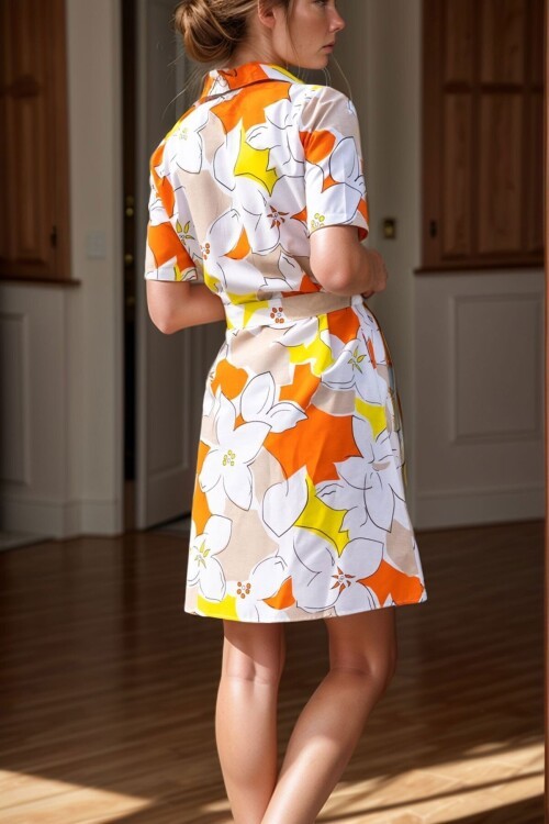 Turuncu Yarım Patlı Desenli Kendinden Kemerli Poplin Elbise