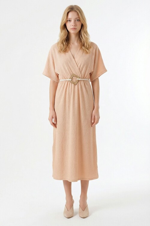 Vanilya Kruvaze Yaka Kemerli Krinkıl Elbise