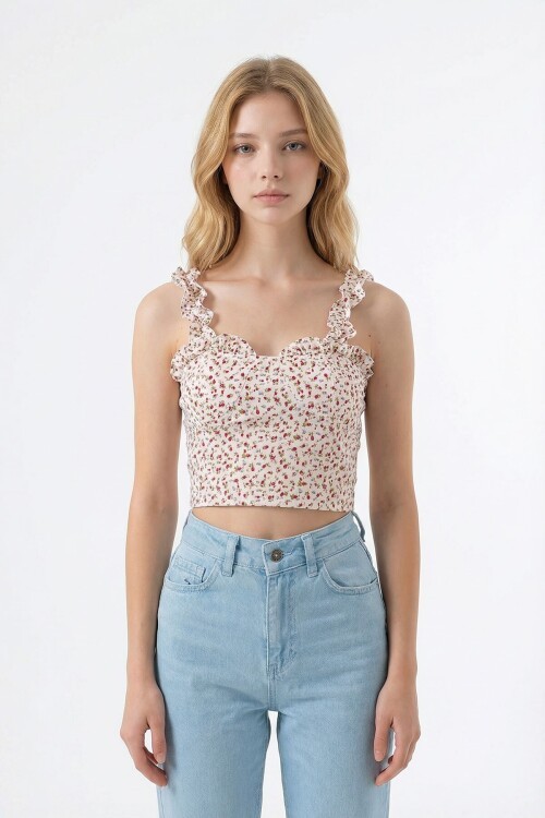 Vişne Kalp Yaka Çiçek Desenli Sırtı Gipeli Fırfırlı Crop Bluz