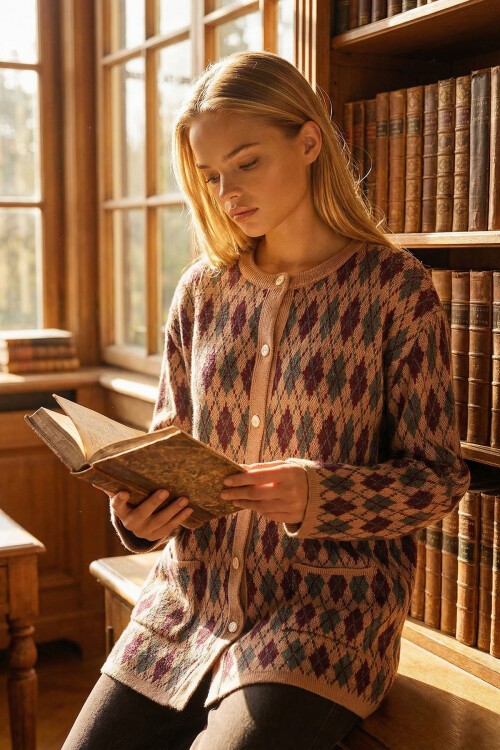 Vizon Baklava Desenli Düğmeli Cepli Triko Hırka