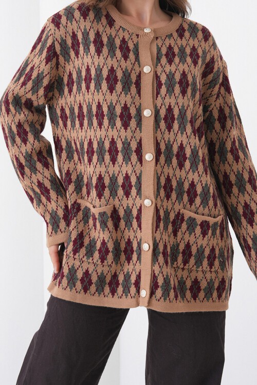 Vizon Baklava Desenli Düğmeli Cepli Triko Hırka