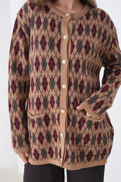 Vizon Baklava Desenli Düğmeli Cepli Triko Hırka