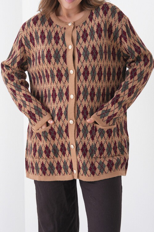 Vizon Baklava Desenli Düğmeli Cepli Triko Hırka