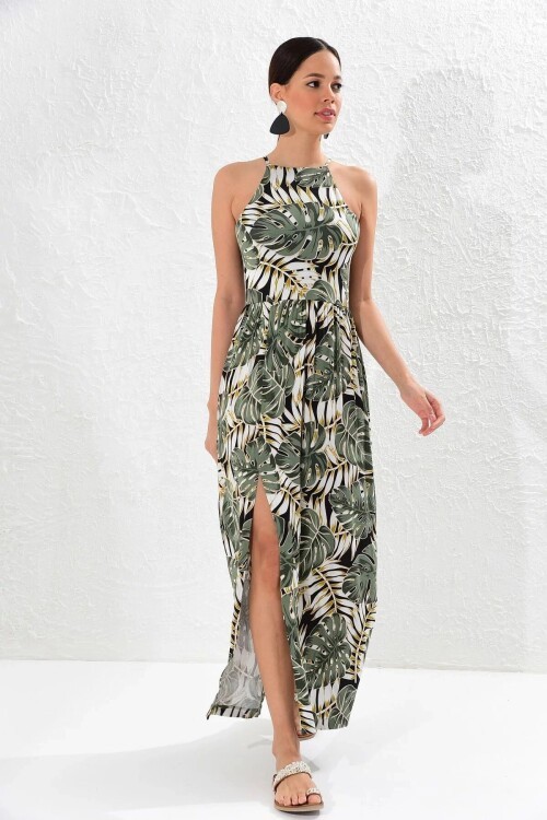 Yeşil Askılı Yırtmaçlı Uzun Elbise