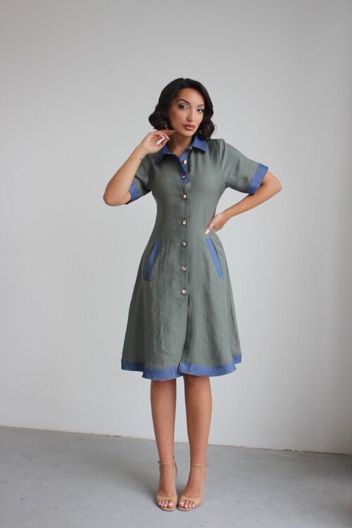 Yeşil Denim Garnili Düğmeli Tensel Dokuma Elbise