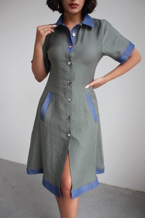 Yeşil Denim Garnili Düğmeli Tensel Dokuma Elbise