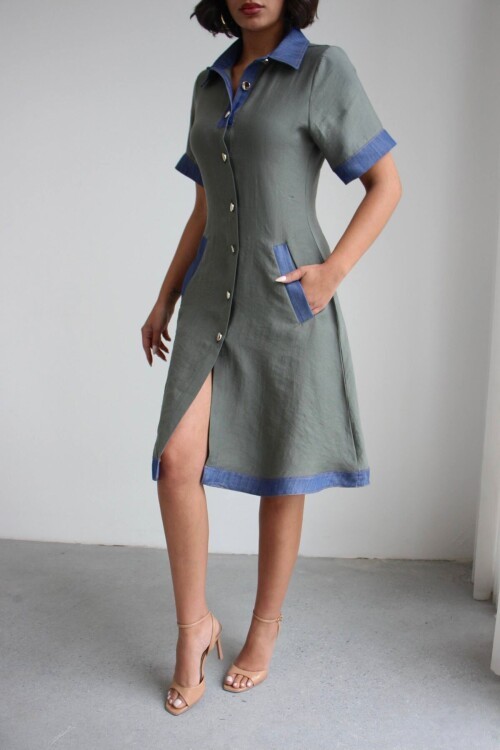 Yeşil Denim Garnili Düğmeli Tensel Dokuma Elbise