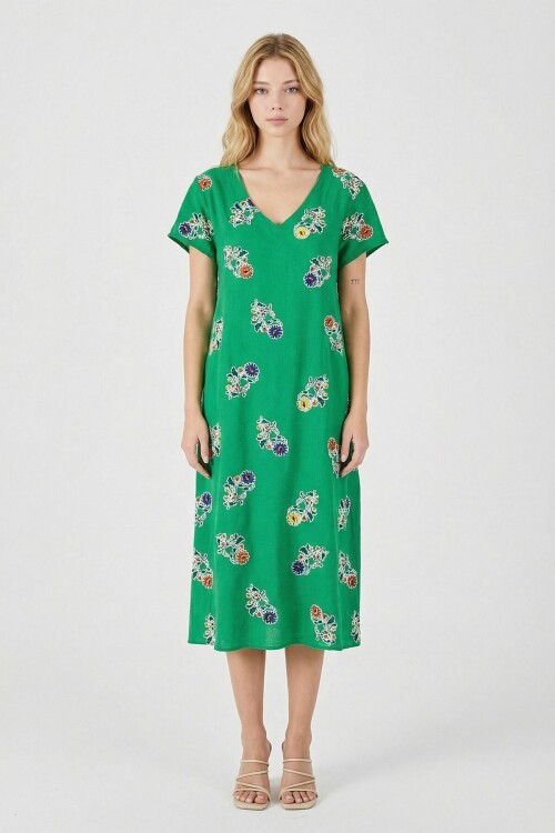 Yeşil Desenli Derin V Yaka Midi Boy Elbise