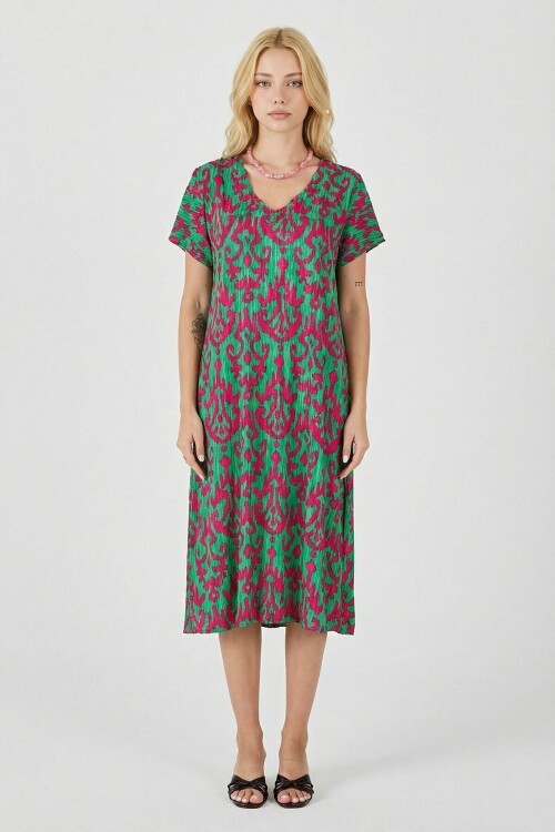 Yeşil-Fuşya Desenli V Yaka Midi Boy Elbise