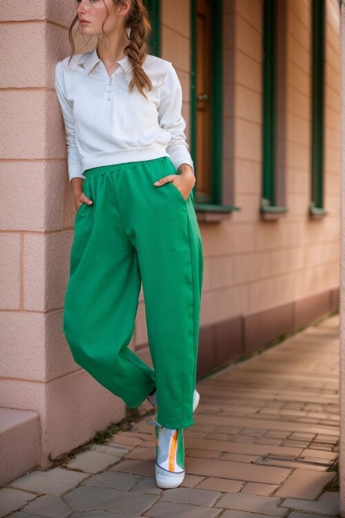 Yeşil Gabardin Beli Lastikli Cepli Salaş Pantolon