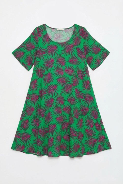 Yeşil Geniş Yaka Desenli Midi Boy Elbise