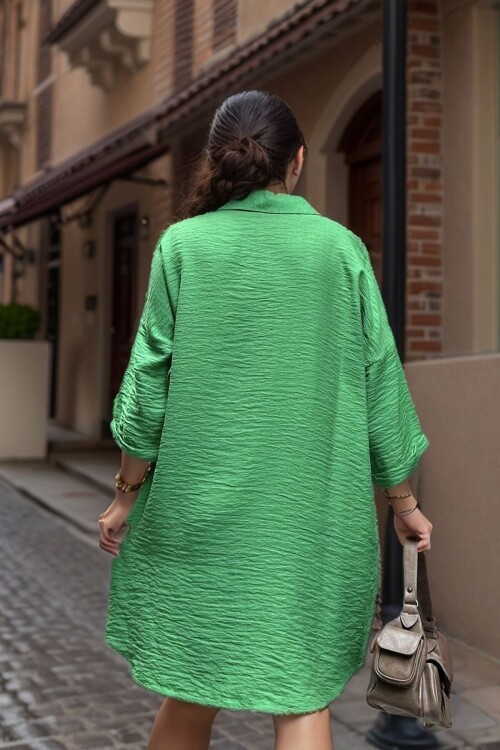 Yeşil Keten Görünümlü Truvakar Kol Salaş Gömlek Elbise