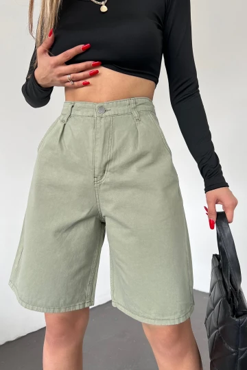 Haki Çift Cepli Bermuda Denim Şort BCDF-233303