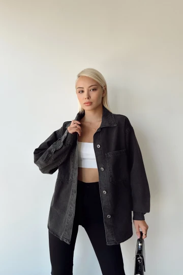 Siyah Çift Cepli Yıkamalı Denim Gömlek Ceket BCDF-235403