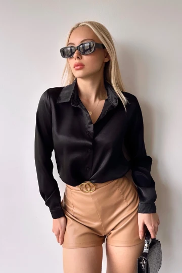 Siyah Hafif Dökümlü Saten Yüzeyli Dokuma Gömlek BC231050