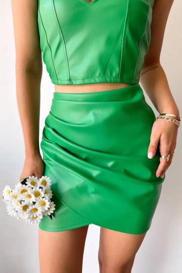 Yeşil Drapeli Deri Etek BC231013