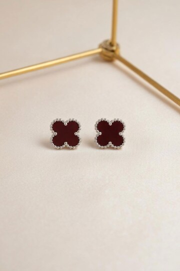 Bordo Yonca Figürlü Silver Kenarlı Küpe