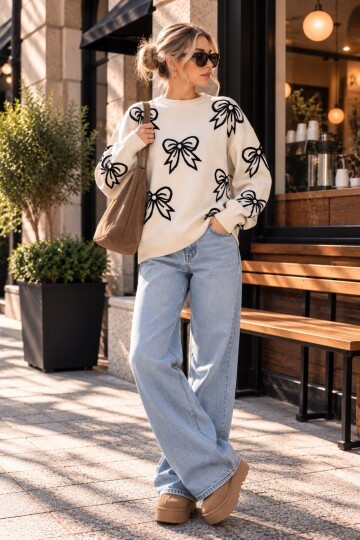 Ekru Fiyonk Desenli Triko Kazak